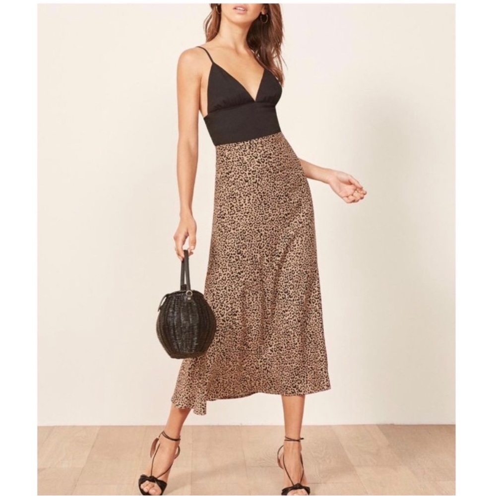 Reformation Black and Leopard Midi Skirt